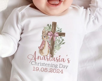 Baby Girl Christening Outfit | Personalised Christening Baptism Naming Day Gift Bib Sleepsuit Vest Bunny Soft Toy New Baby FANDANGO