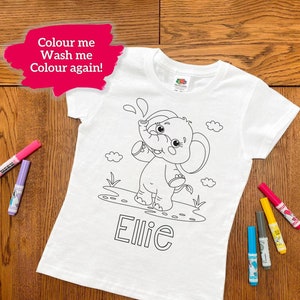 Personalised Elephant Colouring T-Shirt - ANY NAME - washable colour me fun activity for kids children etc