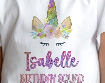 Personalised Unicorn Birthday T-Shirt - Any Name & Age - Birthday Squad Party Tee