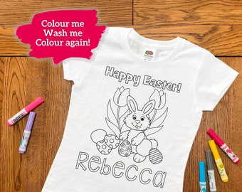 Personalised Bunny Colouring T-Shirt - Washable Colour-Me-In Tee - Custom Name Kids Gift