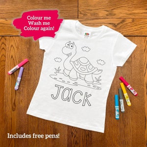 Personalised Turtle Colouring T-Shirt - ANY NAME - washable colour me fun activity for kids children etc