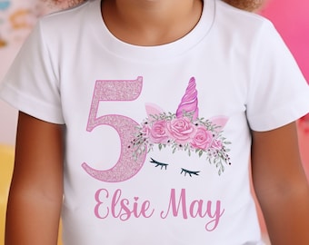 Personalised Unicorn Birthday T-Shirt Any Name Any Age Baby Pink Theme FANDANGO