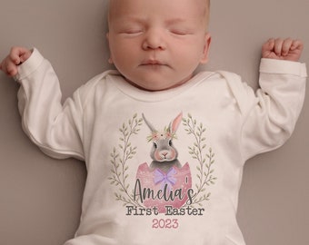 Personalised First Easter baby sleepsuit vest, 2023 baby grow, Bunny, 1st Easter Gift, first easter outfit, girls, boys, unisex, easter pink