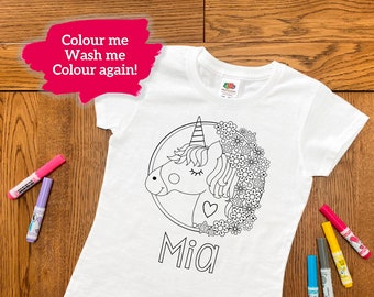 Personalised Unicorn Colouring T-Shirt - ANY NAME - washable colour me fun activity for kids children etc