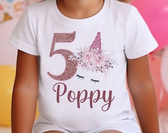 Personalised Unicorn Birthday T-Shirt Any Name Any Age Glitter Effect