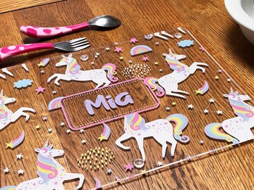 Personalised Children's Placemat - Unicorns and Rainbows - wipeable clear acrylic kids placemat (dinner mat) with rubber feet FANDANGO