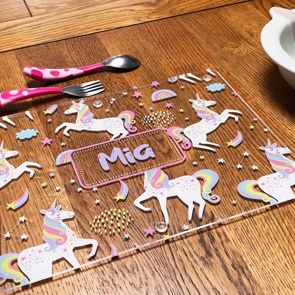 Personalised Children's Placemat - Unicorns and Rainbows - wipeable clear acrylic kids placemat (dinner mat) with rubber feet