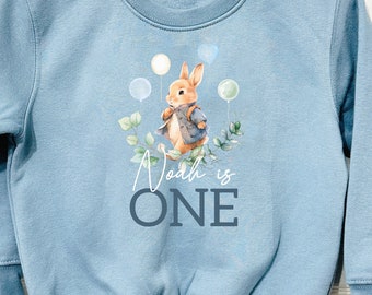 Personalised First Birthday T-shirt, 1st Birthday Outfit, Blue Rabbit, Sleepsuit, Vest, Bib, Jumper, Sweatshirt FANDANGO