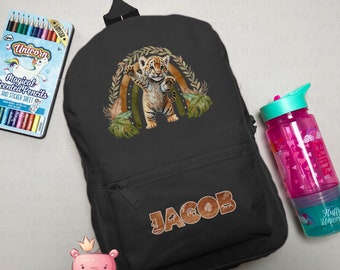 Personalised Tiger Jungle Safari Backpack ANY NAME Back To School Bag Backpack Kids Nursery Toddler Rucksack - lots of colours available