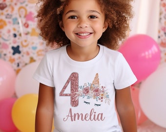 Personalised Unicorn Birthday T-Shirt Any Name Any Age Rose Gold Theme