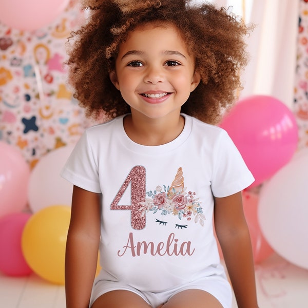 Personalised Unicorn Birthday T-Shirt Any Name Any Age Rose Gold Theme FANDANGO