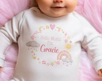 Personalised Hello World Babygrow Sleepsuit, Vest, New Girl Gift, Coming Home Gift, New Baby, Pregnancy Announcement sleepsuit