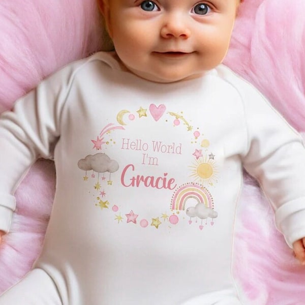 Personalised Hello World Babygrow Sleepsuit, Vest, New Girl Gift, Coming Home Gift, New Baby, Pregnancy Announcement sleepsuit FANDANGO