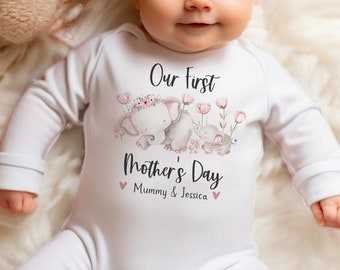 Our First Mother's Day Sleepsuit, Mother's Day Gift 2024, First Time Mum, New Mum, Elephants, Gifts For Her, Onesie, Personalised Baby Vest