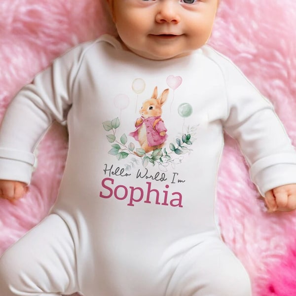 Personalised Pink Rabbit Babygrow Sleepsuit Vest New Girl Gift Coming Home Outfit New Baby Name Announcement Sleepsuit Hello World FANDANGO