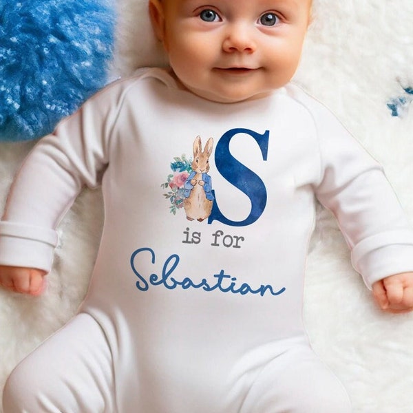 Personalised Blue Rabbit Initial Babygrow Sleepsuit, Vest, New Boy Gift, Coming Home Gift, New Baby, Pregnancy Announcement sleepsuit