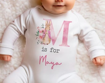 Personalised Pink Rabbit Initial Babygrow Sleepsuit, Vest, New Girl Gift, Coming Home Gift, New Baby, Pregnancy Announcement sleepsuit