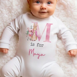 Personalised Pink Rabbit Initial Babygrow Sleepsuit, Vest, New Girl Gift, Coming Home Gift, New Baby, Pregnancy Announcement sleepsuit zdjęcie 1