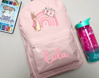 Personalised Pink Rainbow Rabbit Backpack ANY NAME Back To School Bag Backpack Kids Nursery Toddler Rucksack