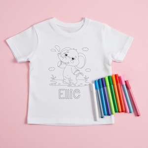 Personalised Elephant Colouring T-Shirt - Washable Colour-Me-In Tee - Custom Name Kids Gift