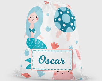 Personalised Mermaid PE Swim Bag - Boys & Girls School Drawstring Bag - Custom Name Sports Kit
