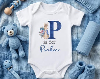 Personalised Rabbit Sleepsuit - New Baby Boy Coming Home Outfit - Custom Name Newborn Gift