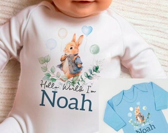 Personalised Blue Rabbit Babygrow Sleepsuit, Vest, New Boy Gift, Coming Home Gift, New Baby, Pregnancy Announcement sleepsuit, Hello World