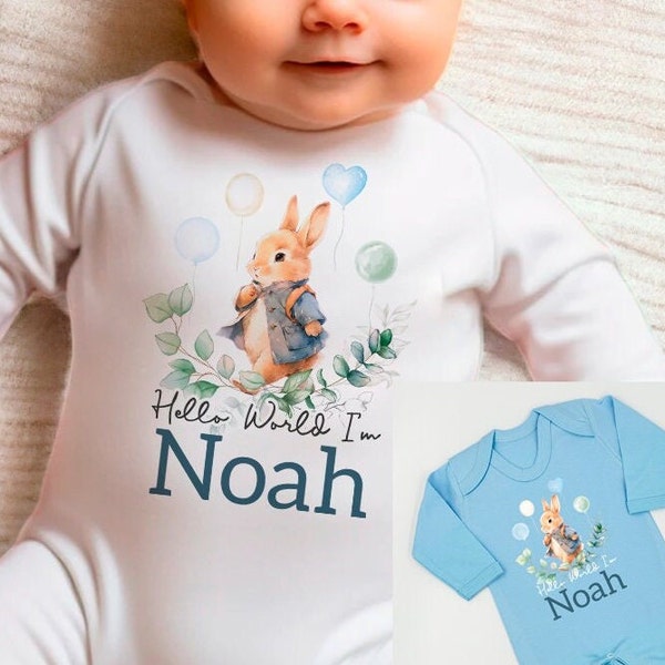 Personalised Blue Rabbit Babygrow Sleepsuit, Vest, New Boy Gift, Coming Home Gift, New Baby, Pregnancy Announcement sleepsuit, Hello World