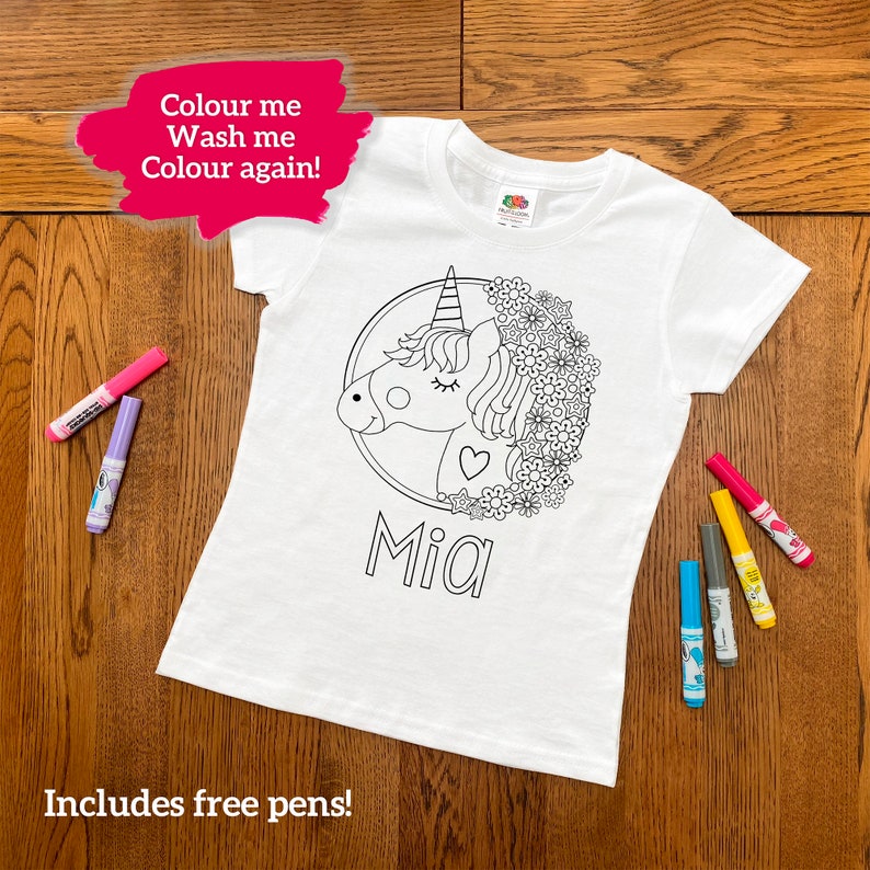Personalised Unicorn Colouring T-Shirt ANY NAME washable colour me fun activity for kids children etc image 1