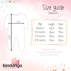 Sleepsuit size guide, with three columns:
column one "Age: newborn, 0-3 months, 3-6 months, 6-12 months" column two "Length: 53cm, 55cm, 59cm, 61cm" column three "Chest: 18cm, 19cm, 20cm, 23cm"