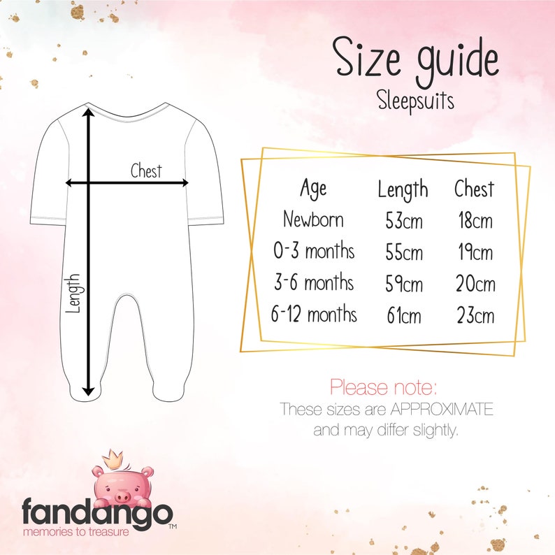 Sleepsuit size guide, with three columns:
column one "Age: newborn, 0-3 months, 3-6 months, 6-12 months" column two "Length: 53cm, 55cm, 59cm, 61cm" column three "Chest: 18cm, 19cm, 20cm, 23cm"