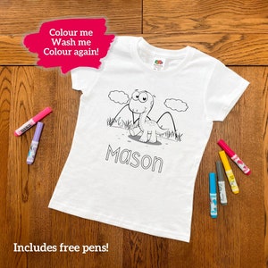 Personalised Dinosaur Colouring T-Shirt - ANY NAME - washable colour me fun activity for kids children etc FANDANGO
