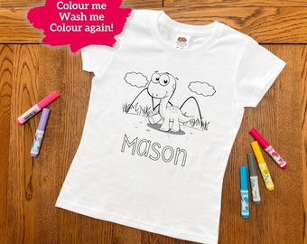 Personalised Dinosaur Colouring T-Shirt - ANY NAME - washable colour me fun activity for kids children etc