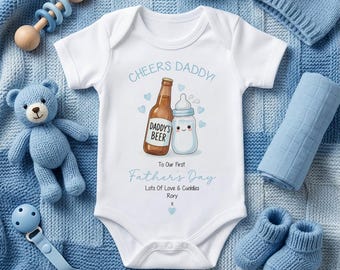 Personalised CHEERS First Fathers Day Baby Vest 2026 Blue