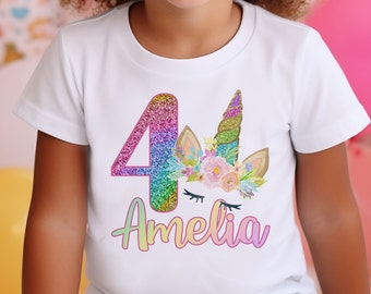 Personalised Unicorn Birthday T-Shirt Any Name Any Age Rainbow