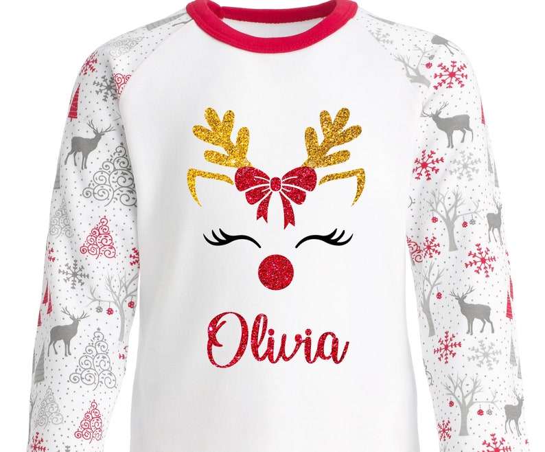 Personalised Name Girl Reindeer Christmas Pyjamas Girl Xmas Pjs Bow