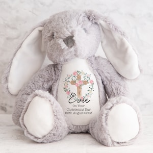 Personalised Christening Bunny Rabbit, Christening Gift, Naming Day Gift, Baptism Keepsake, Baby, Plush Soft Cuddly Toy Girl Boy Teddy Bear
