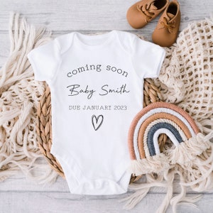 Personalised Baby Vest Grow Suit Announcement Coming Soon Surname Due Date Pregnancy gift reveal