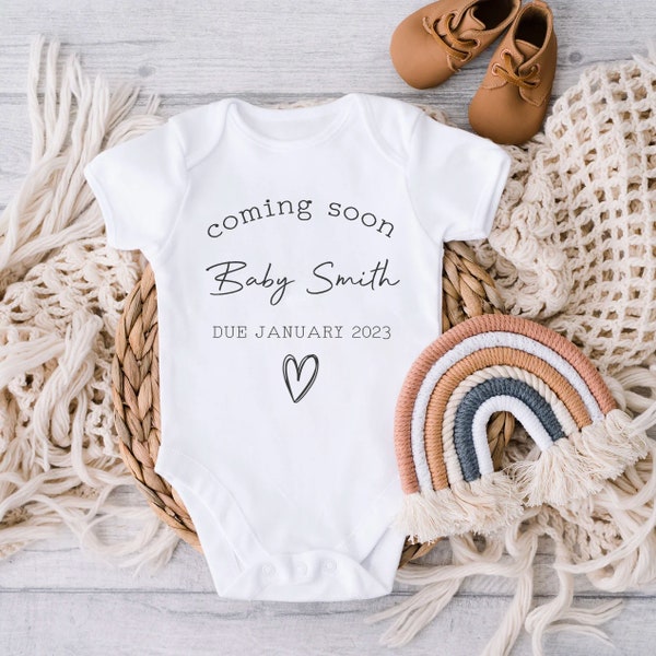 Personalised Baby Vest Grow Suit Announcement Coming Soon Surname Due Date Pregnancy gift reveal
