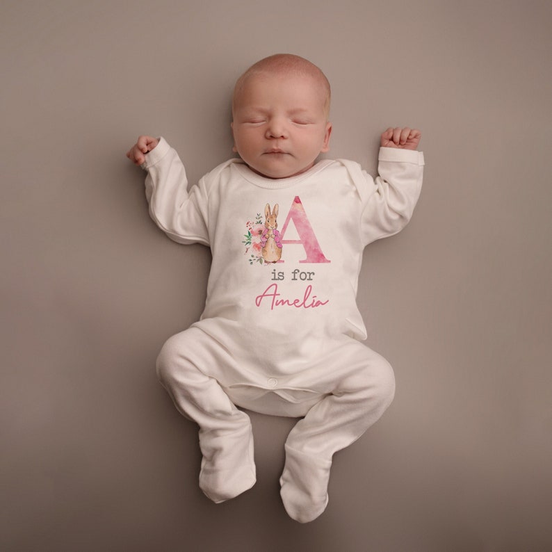 Personalised Pink Rabbit Initial Babygrow Sleepsuit, Vest, New Girl Gift, Coming Home Gift, New Baby, Pregnancy Announcement sleepsuit zdjęcie 2