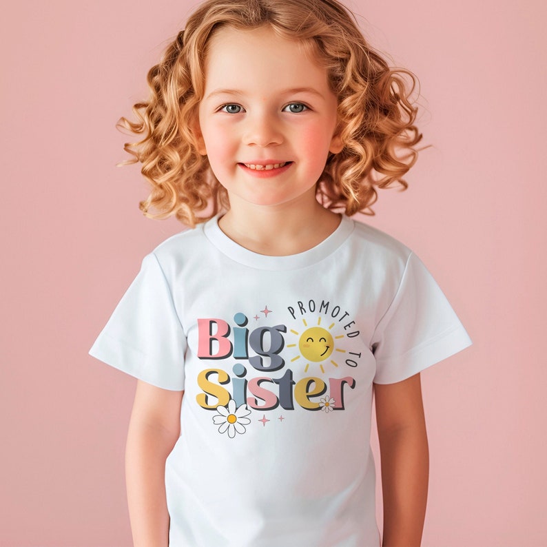 Big sister tshirt baby announcement promoted to big sister personalised gift, siblings pregnancy reveal, kids tee cute t-shirt new sister image 1