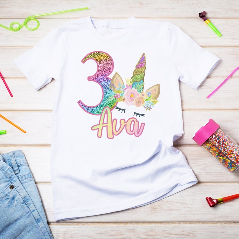 Personalised Unicorn Birthday T-Shirt Any Name Any Age Rainbow image 3