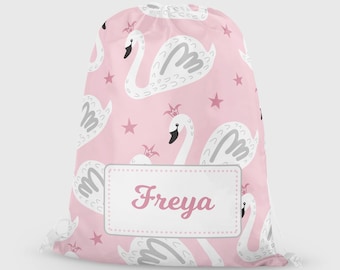 Personalised Swan PE Swim Bag - Boys & Girls School Drawstring Bag - Custom Name Sports Kit