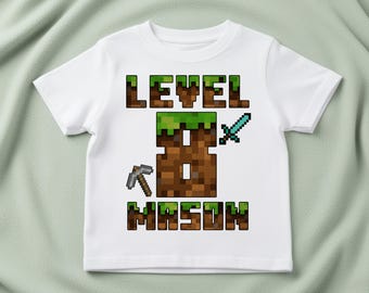Personalised Pixel Game Birthday T-Shirt - Any Name & Age - Kids Party Outfit Gift