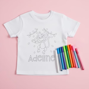Personalised Monkey Colouring T-Shirt - Washable Colour-Me-In Tee - Custom Name Kids Gift