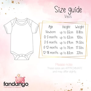 Size guide for the baby Vests, with three columns:
column one " Age: Newborn, 0-3 months, 3-6 months, 6-12 months, 12-18 months" column two "Height: up to 55cm, up to 62cm, up to 69cm,up to 76cm, up to 83cm" column three "Weight: 8.8lbs, 10lbs, 14.5lbs, 17.5lbs, 22lbs"