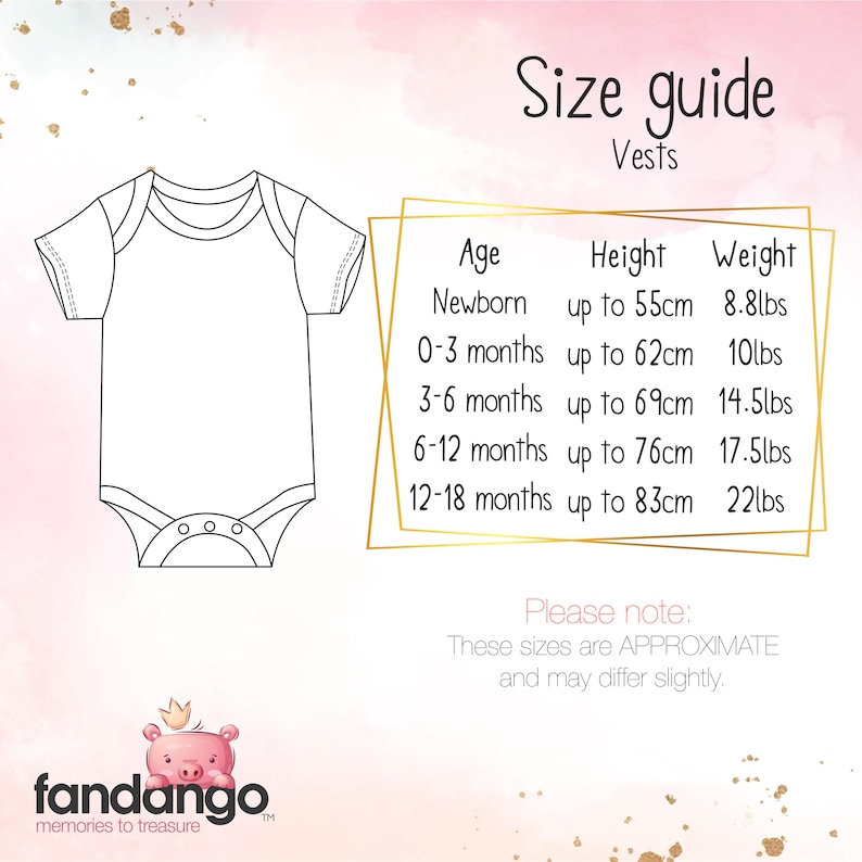 Size guide for the baby Vests, with three columns:
column one " Age: Newborn, 0-3 months, 3-6 months, 6-12 months, 12-18 months" column two "Height: up to 55cm, up to 62cm, up to 69cm,up to 76cm, up to 83cm" column three "Weight: 8.8lbs, 10lbs, 14.5lbs, 17.5lbs, 22lbs"