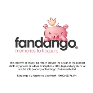 a pink pig with a crown on top of it
with the text "Fandango memories to treasure." under it
Following this is the legal disclaimer  "The contents of this listing (which includes the design of the product itself, any photos or videos, descriptions, titles, tags and any likeness)are the sole property of Fandango (Portsmouth) Ltd. Fandango is a registered trademark-UK00003578274"