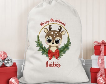 Personalised Christmas Sack - XL - 100% Organic Natural Cotton - Stocking - Santa Sack - Cute Reindeer Design