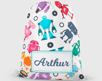 Personalised PE / swim bag, robots bag, girls school bag, boys school bag, kids drawstring bag, back to school bag, swim bag, sports bag